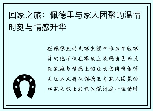 回家之旅:佩德里与家人团聚的温情时刻与情感升华 回家之旅:佩德里与家人团聚的温情时刻与情感升华