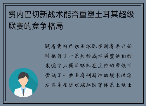 费内巴切新战术能否重塑土耳其超级联赛的竞争格局