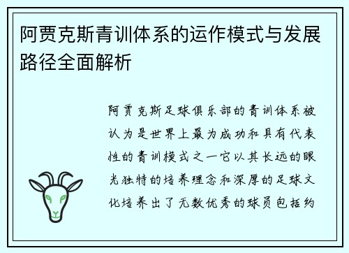 阿贾克斯青训体系的运作模式与发展路径全面解析