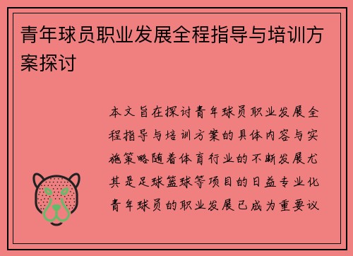 青年球员职业发展全程指导与培训方案探讨