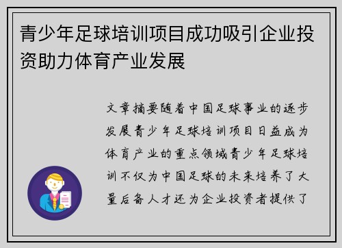 青少年足球培训项目成功吸引企业投资助力体育产业发展 青少年足球培训项目成功吸引企业投资助力体育产业发展