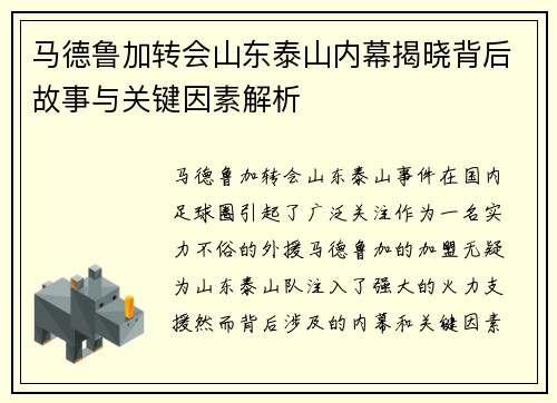 马德鲁加转会山东泰山内幕揭晓背后故事与关键因素解析 马德鲁加转会山东泰山内幕揭晓背后故事与关键因素解析