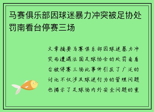 马赛俱乐部因球迷暴力冲突被足协处罚南看台停赛三场