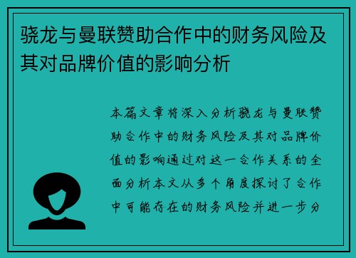 骁龙与曼联赞助合作中的财务风险及其对品牌价值的影响分析 骁龙与曼联赞助合作中的财务风险及其对品牌价值的影响分析